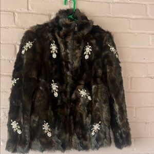 Embellished Faux Fur Jacket - Brown